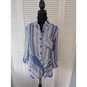 Peck & Peck Top Womens L Blue White Striped Wired Ruffle Collar Blouse Nautical